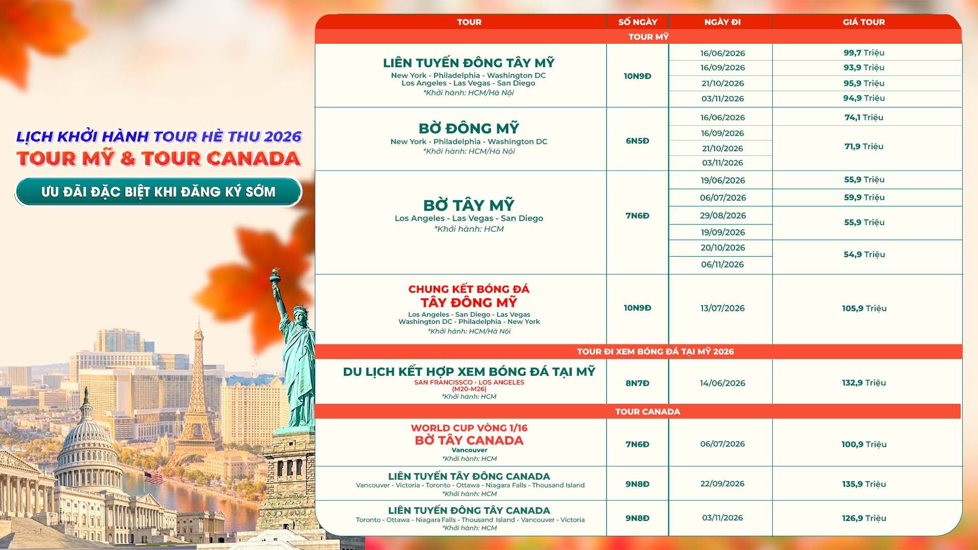 Lịch khởi hành tour - Slide 1