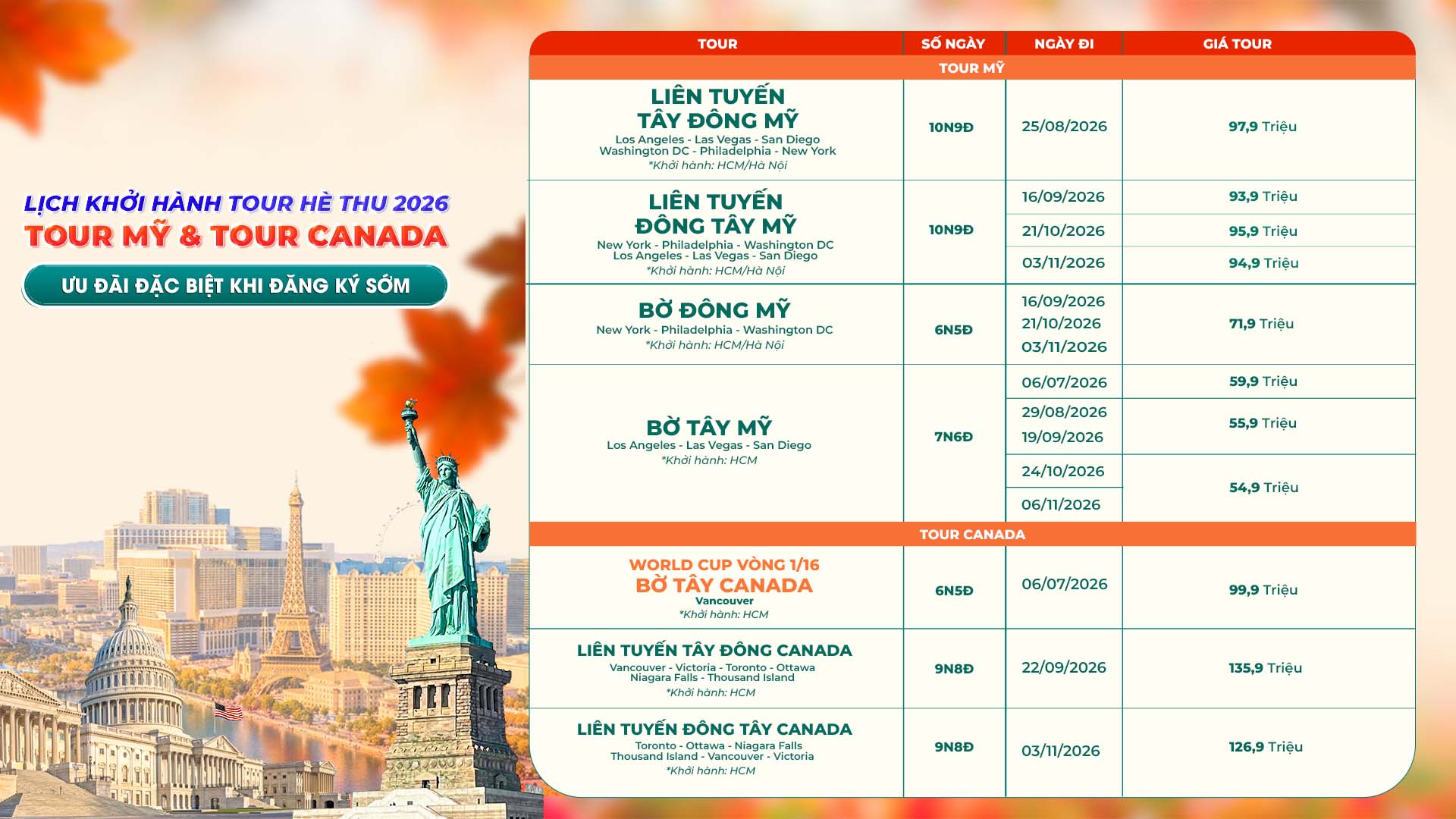 Lịch khởi hành tour - Slide 1