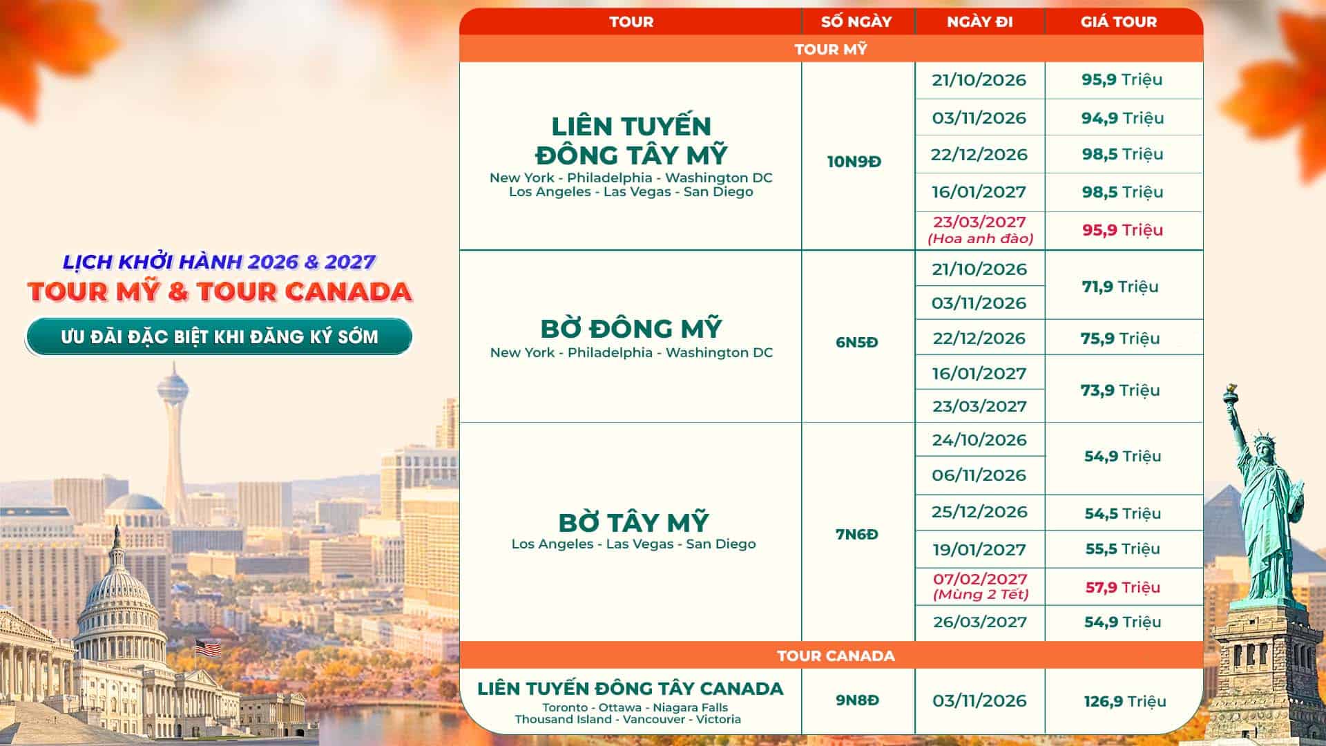 Lịch khởi hành tour - Slide 1